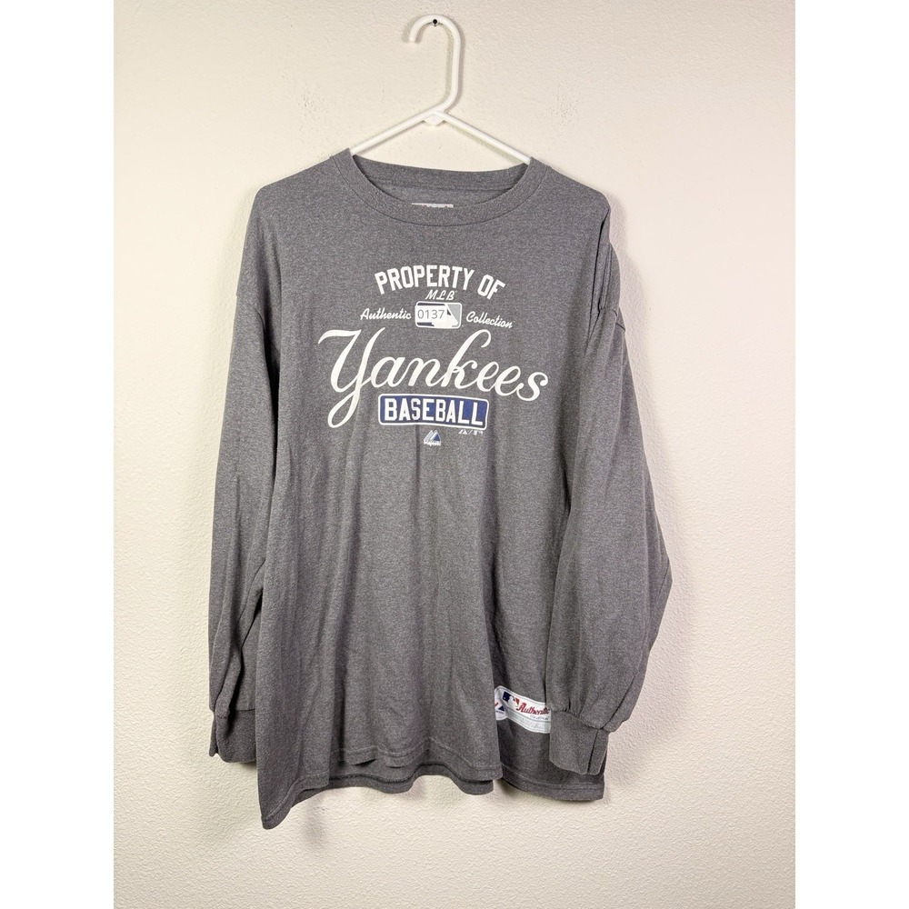New York Yankees Shirt Mens Extra Large Gray‎ Logo Long Sleeve MLB Majestic